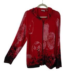 Chicos 3 Asian Print Hooded Jacket XL Red Black Slinky knit Art to Wear 90s Vtg
